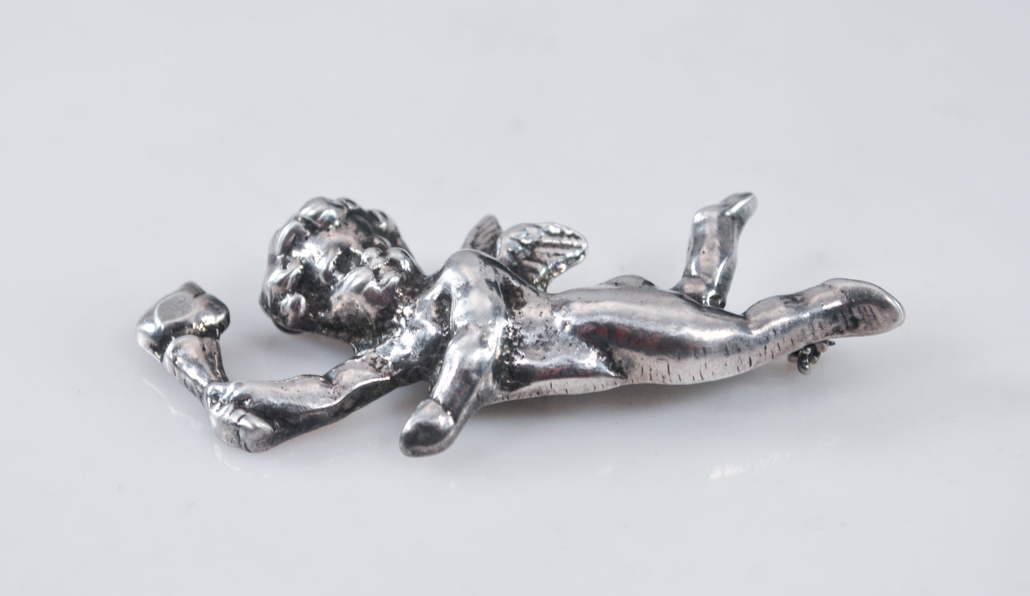 Vintage Sterling Silver Flying Angel Brooch