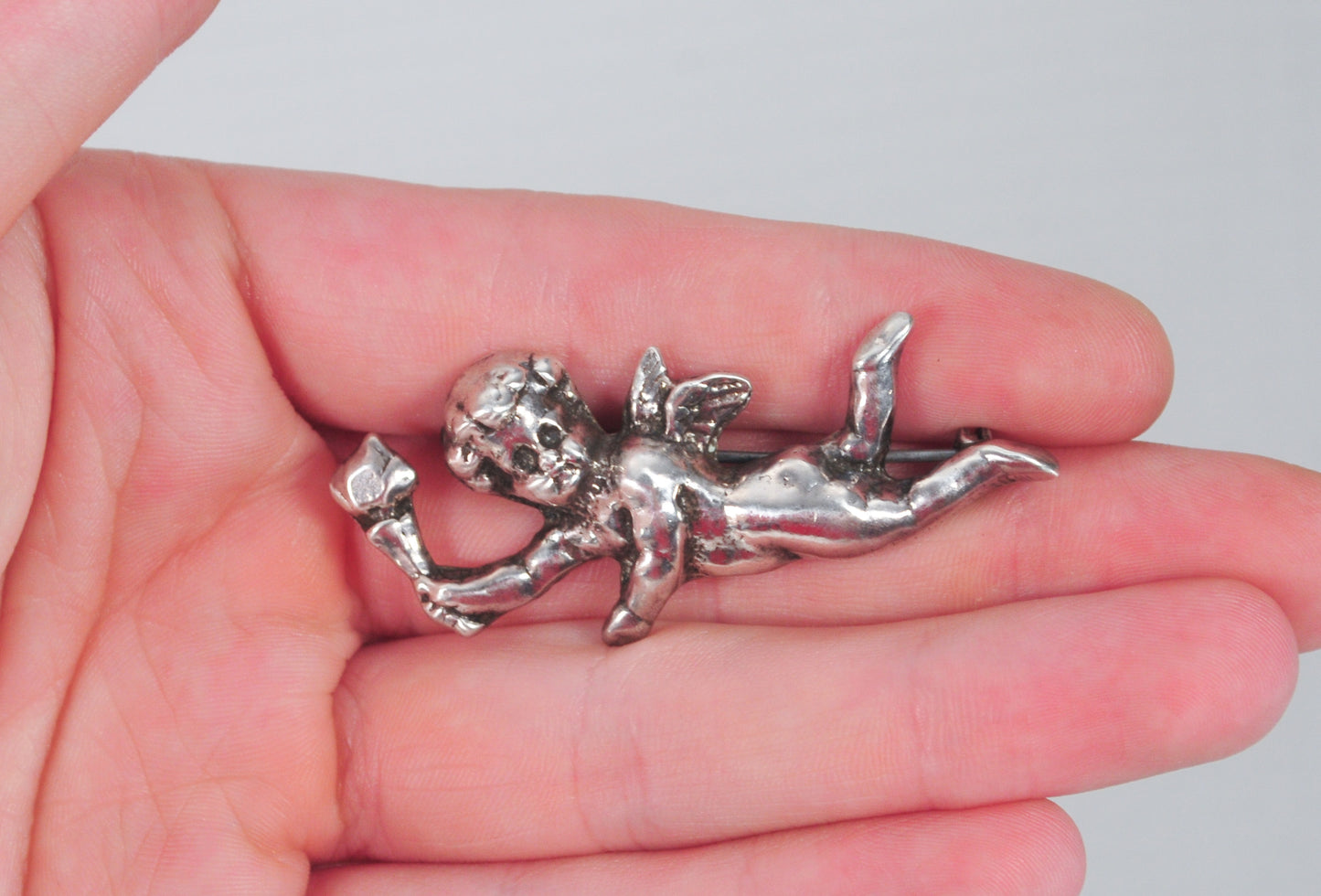 Vintage Sterling Silver Flying Angel Brooch