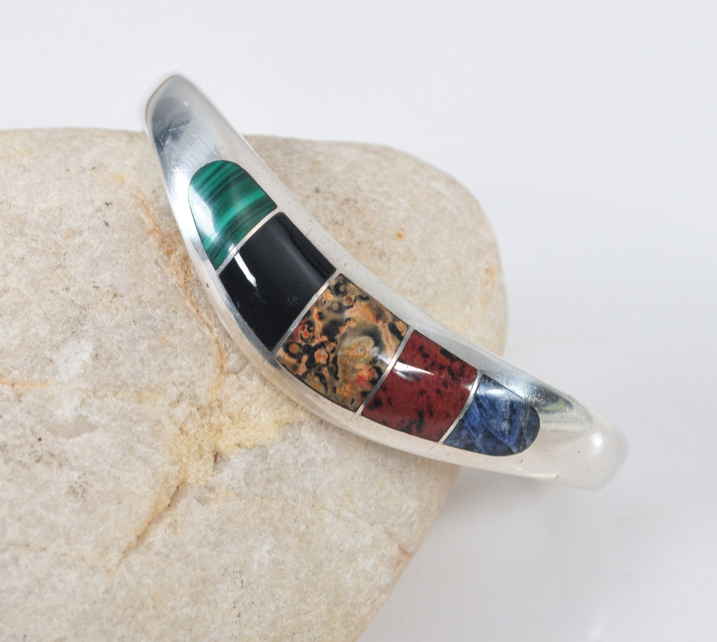 Taxco Sterling Silver Hinged Inlay Bangle Bracelet