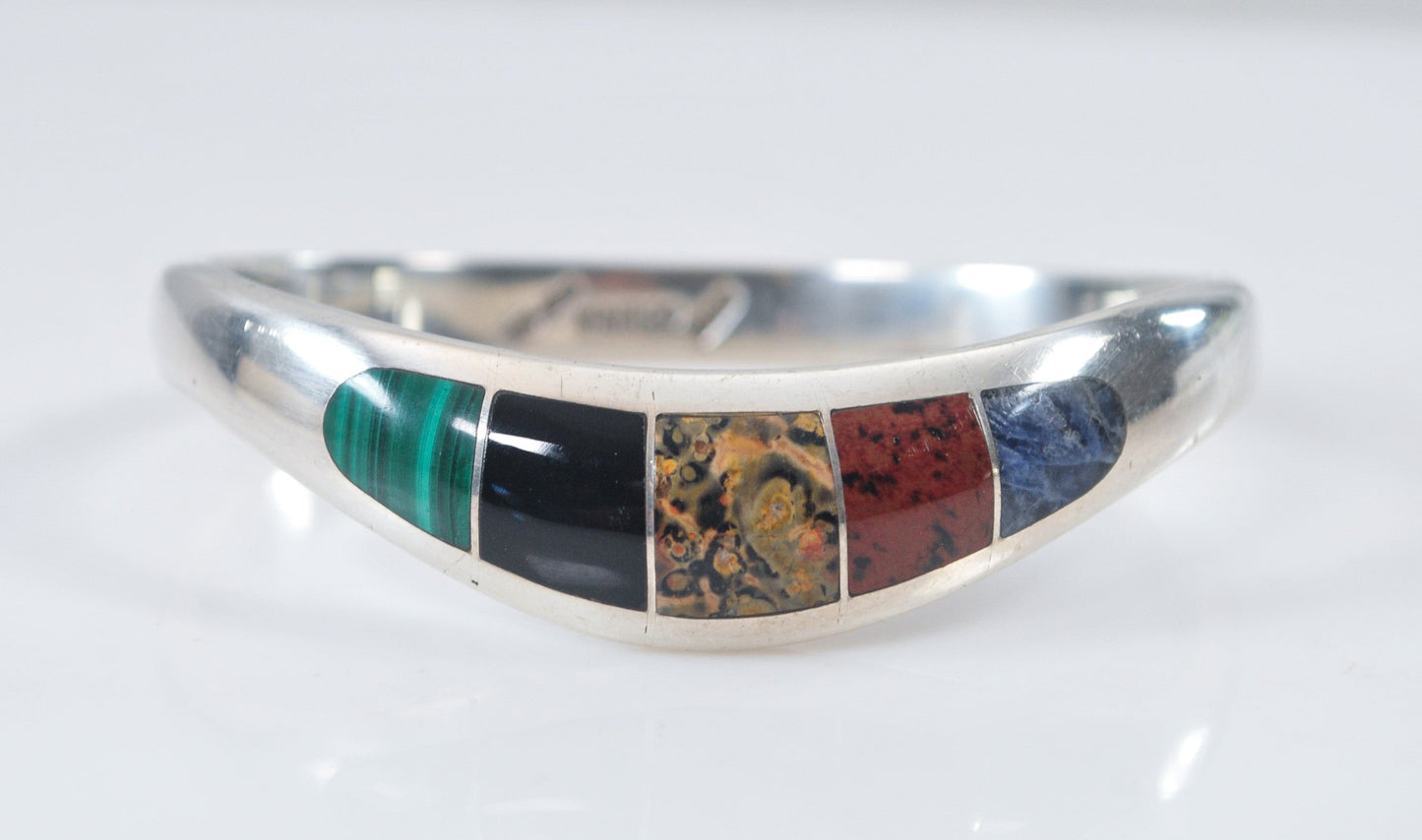 Taxco Sterling Silver Hinged Inlay Bangle Bracelet