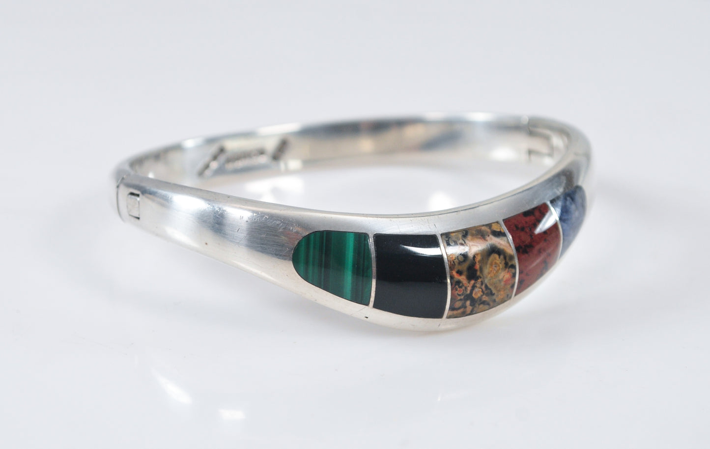 Taxco Sterling Silver Hinged Inlay Bangle Bracelet