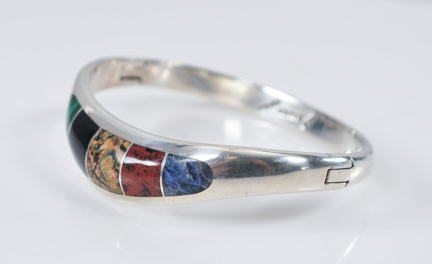 Taxco Sterling Silver Hinged Inlay Bangle Bracelet