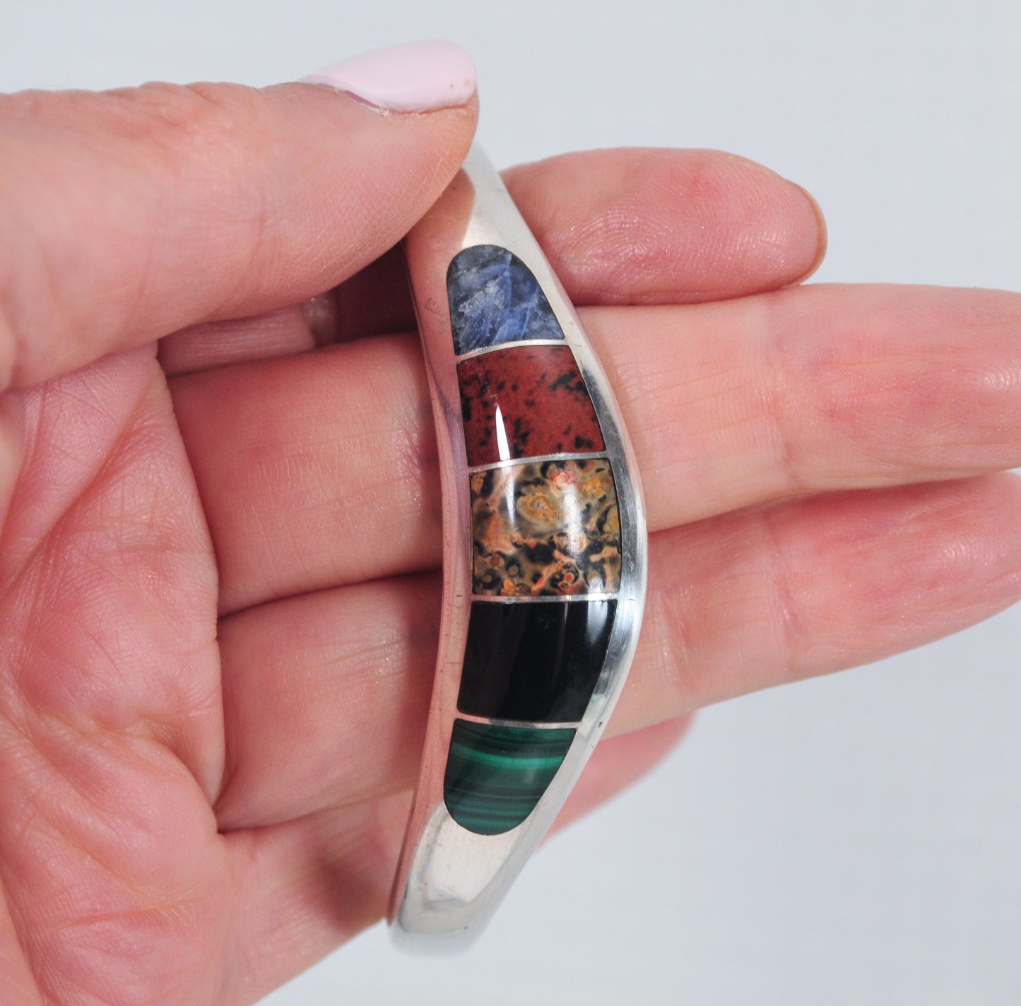 Taxco Sterling Silver Hinged Inlay Bangle Bracelet