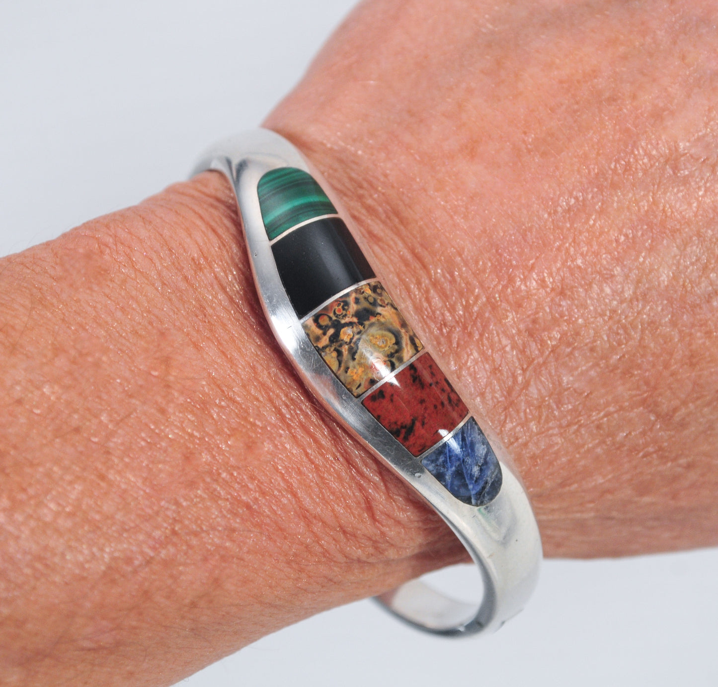 Taxco Sterling Silver Hinged Inlay Bangle Bracelet