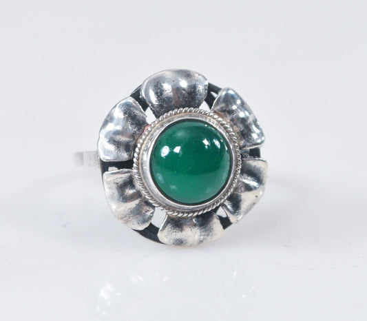 Vintage Sterling Silver Green Onyx Flower Ring