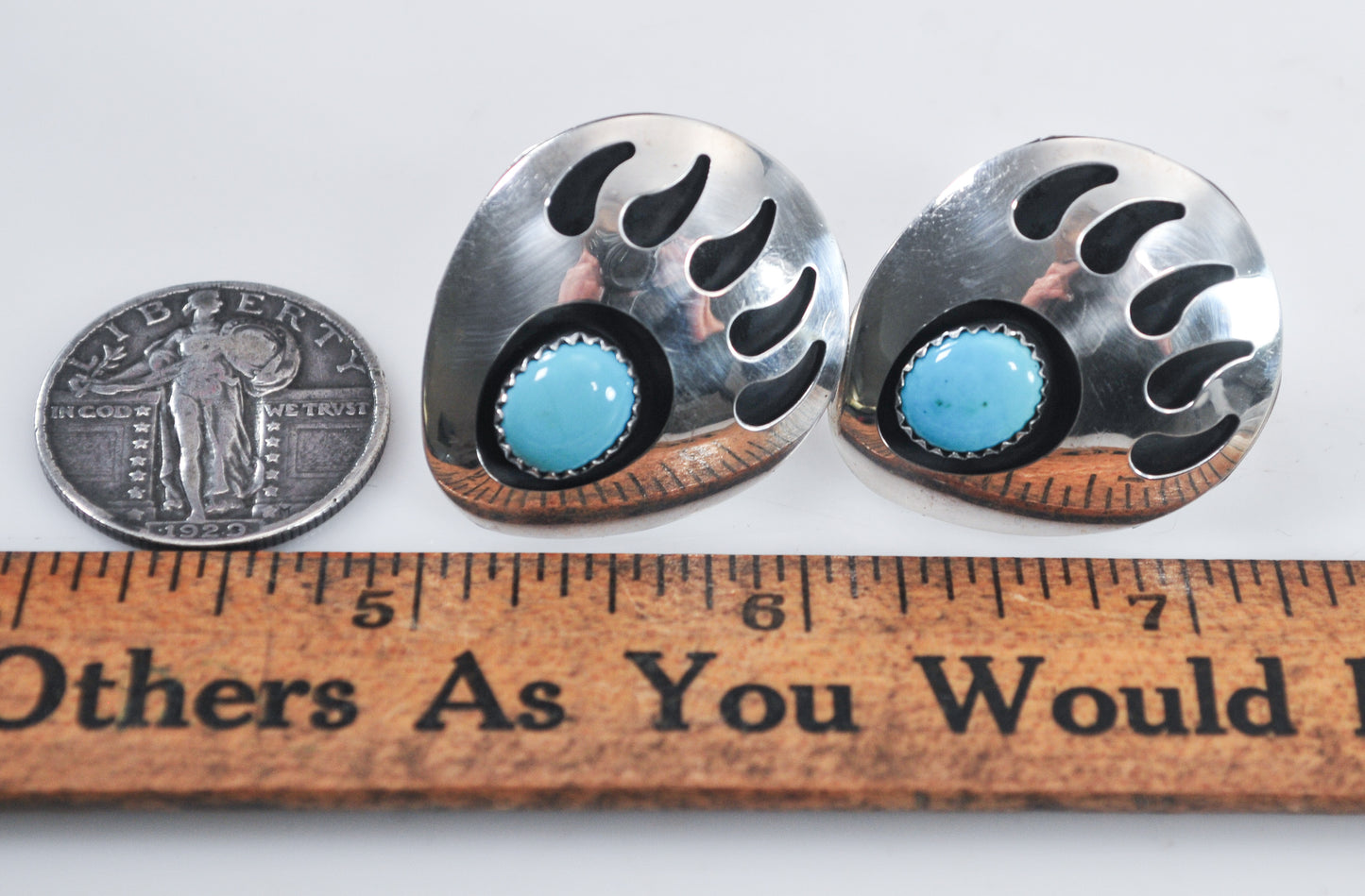 Native American Turquoise Shadowbox Bear Claw Sterling Silver Clip-On Earrings