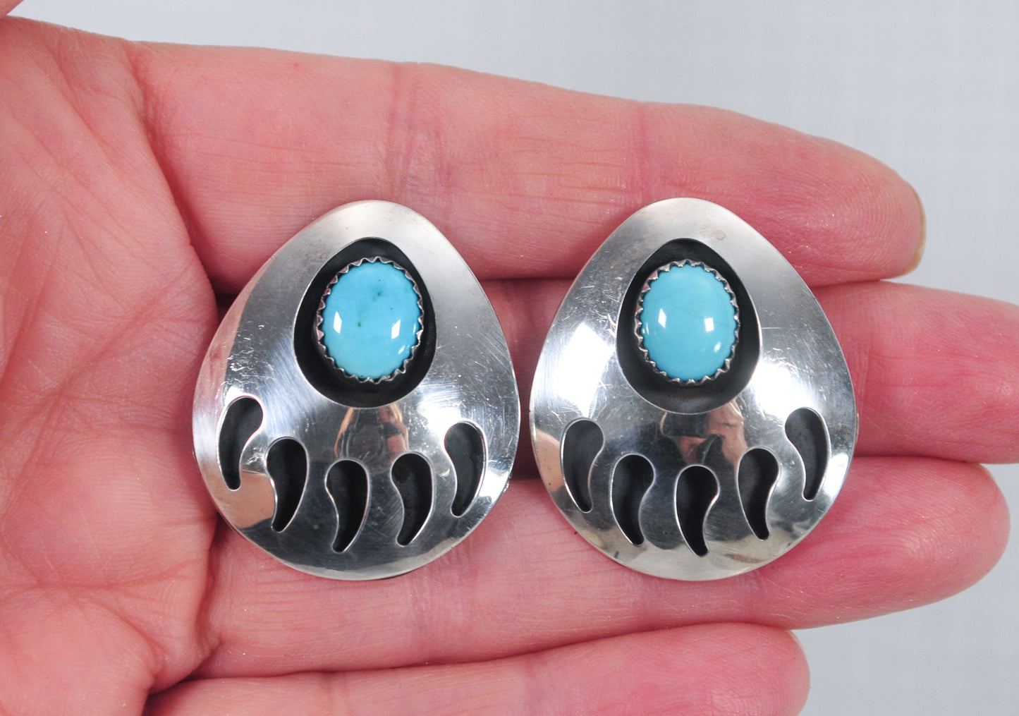 Native American Turquoise Shadowbox Bear Claw Sterling Silver Clip-On Earrings