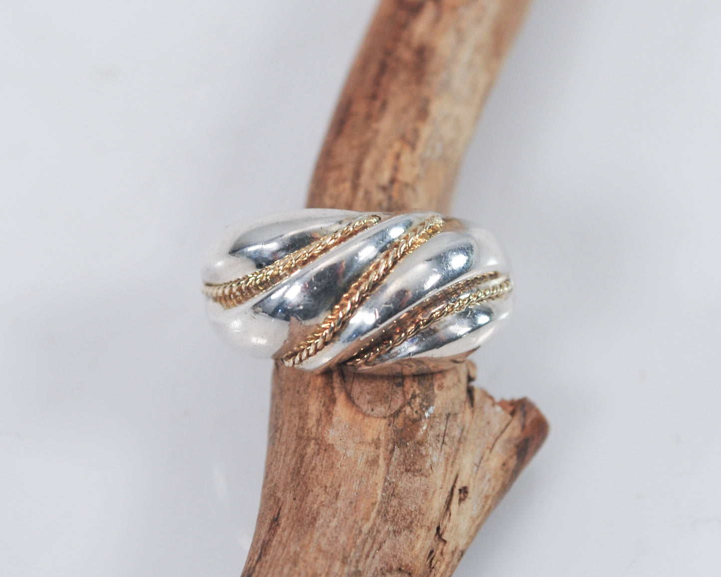 Signed Sterling Silver Ribbed Dome Ring with 14K Gold Rope Accents