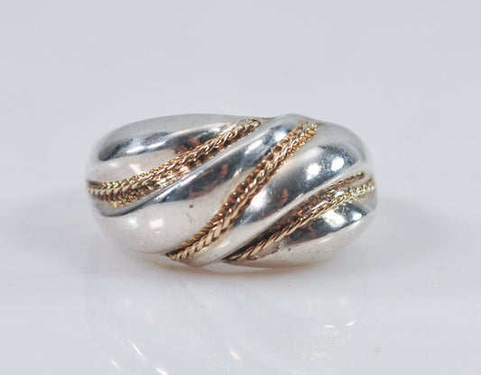 Signed Sterling Silver Ribbed Dome Ring with 14K Gold Rope Accents