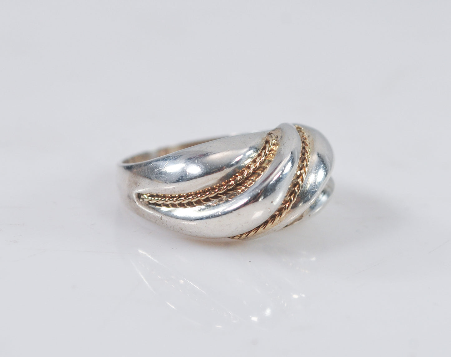 Signed Sterling Silver Ribbed Dome Ring with 14K Gold Rope Accents