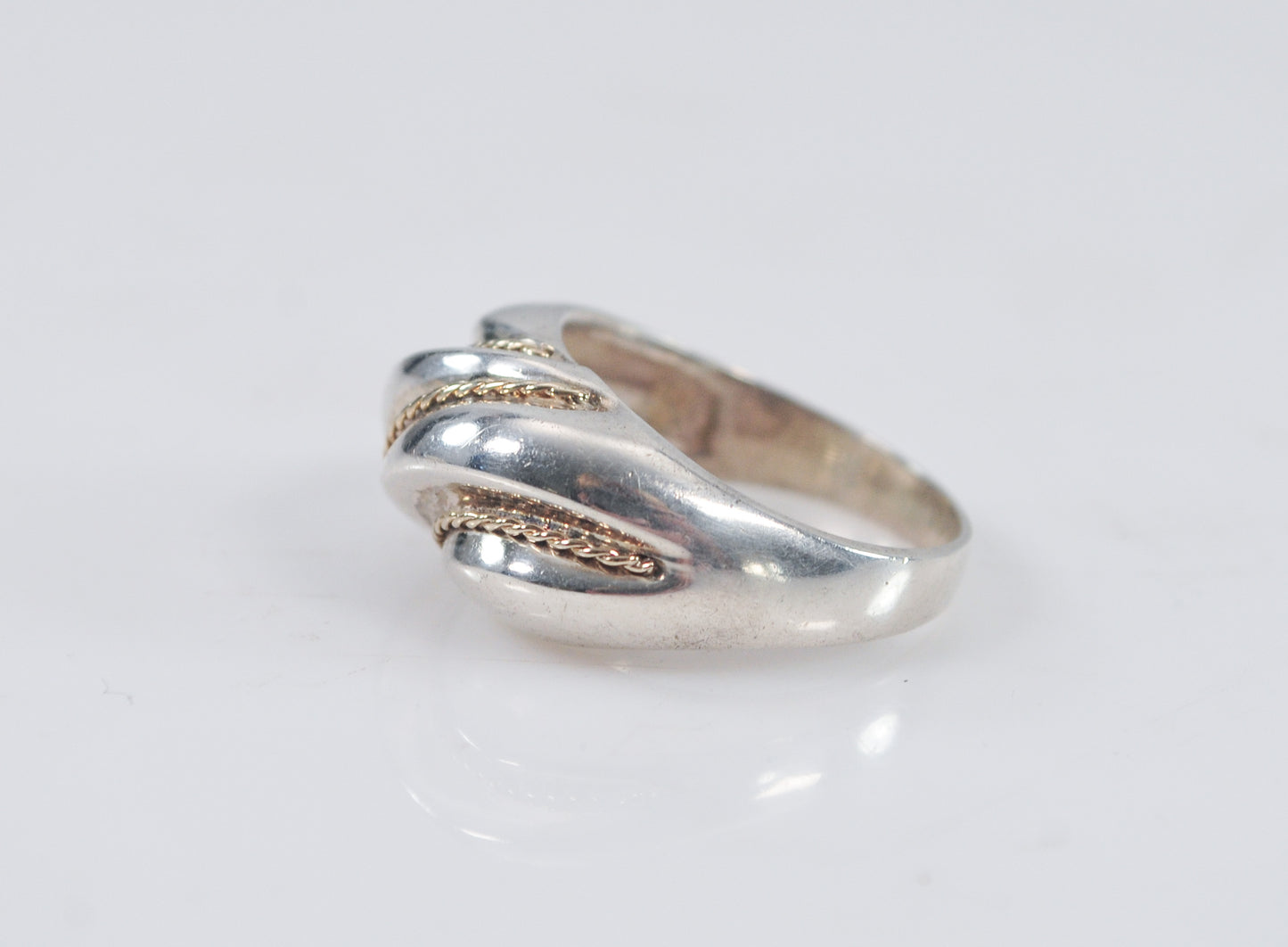 Signed Sterling Silver Ribbed Dome Ring with 14K Gold Rope Accents