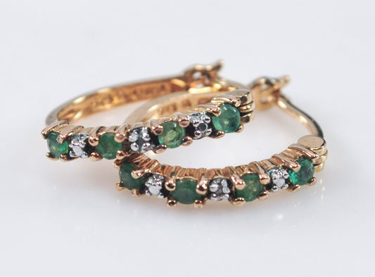 Designer Gold over Sterling Emerald Diamond Hoop Earrings