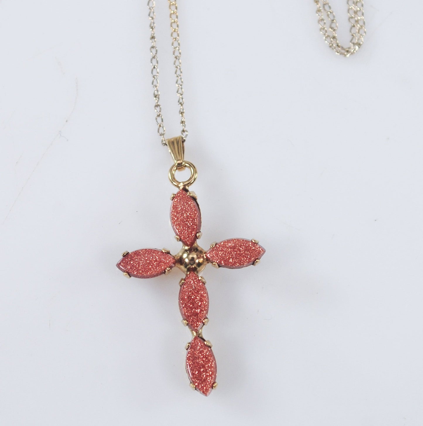 Vintage Gold Filled Goldstone Cross Pendant Necklace