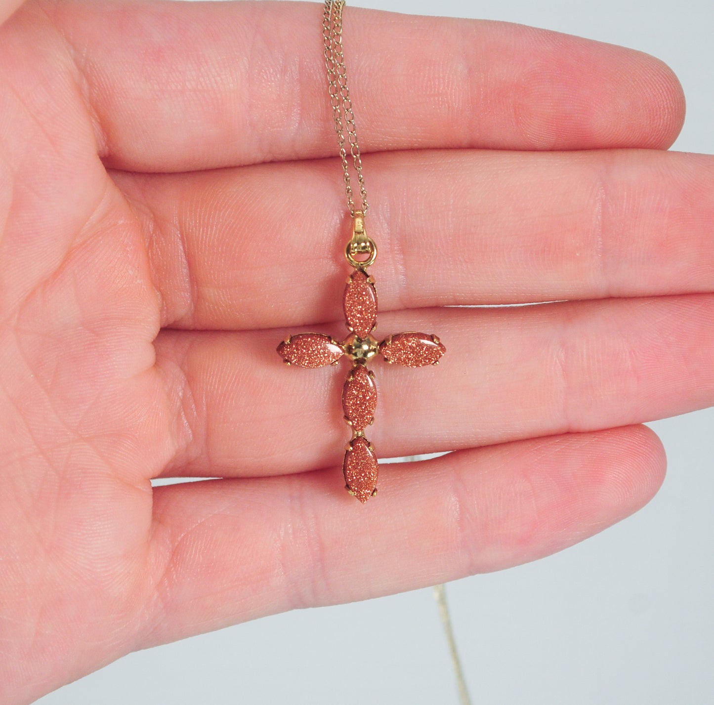 Vintage Gold Filled Goldstone Cross Pendant Necklace