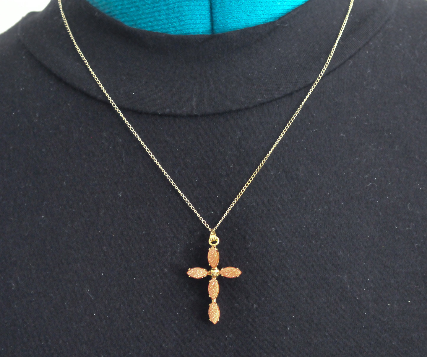 Vintage Gold Filled Goldstone Cross Pendant Necklace