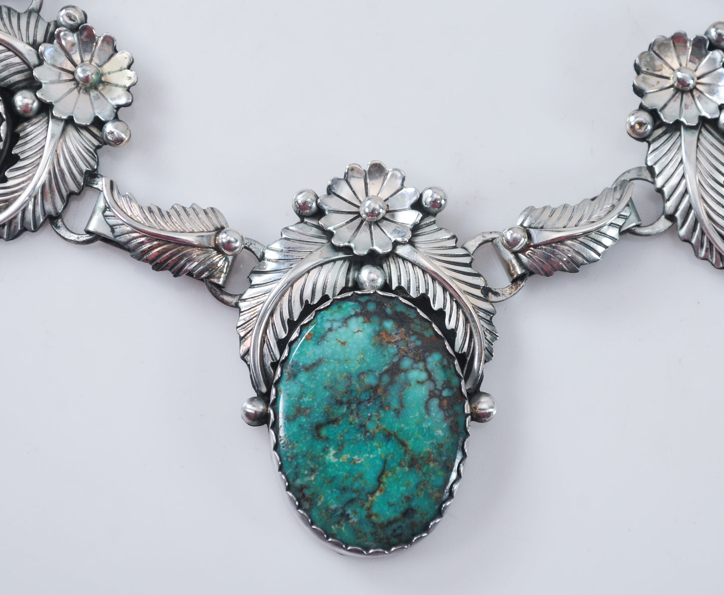 Vintage Signed Navajo Sterling Silver Turquoise Bib Necklace