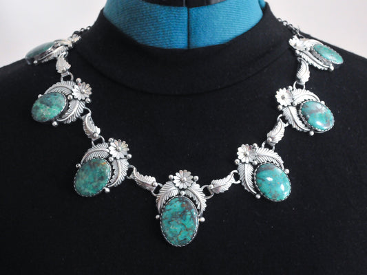 Vintage Signed Navajo Sterling Silver Turquoise Bib Necklace