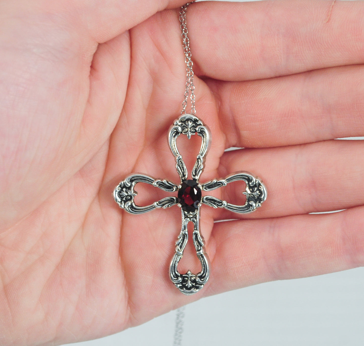 Gorham Sterling Silver Garnet Cross Necklace