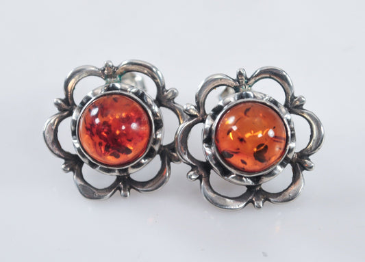 Vintage Signed Sterling Silver Amber Flower Earrings