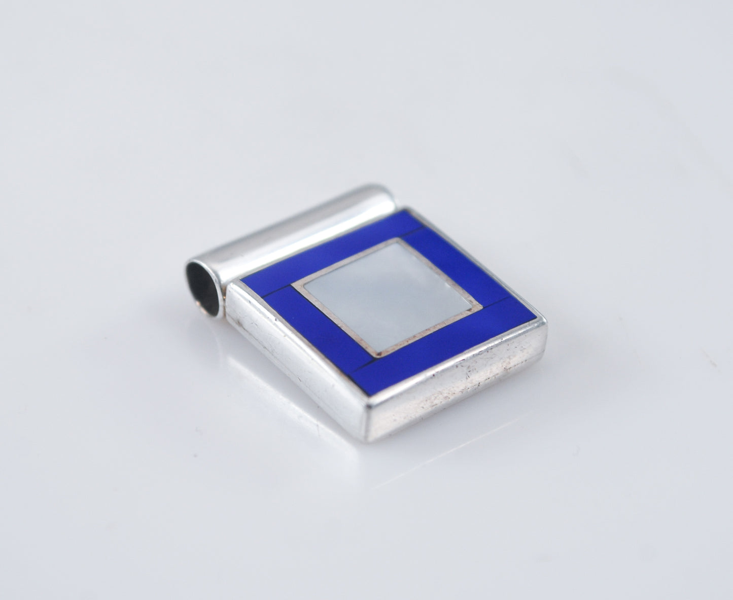 950 Silver Square Mother of Pearl Lapis Inlay Slider Pendant