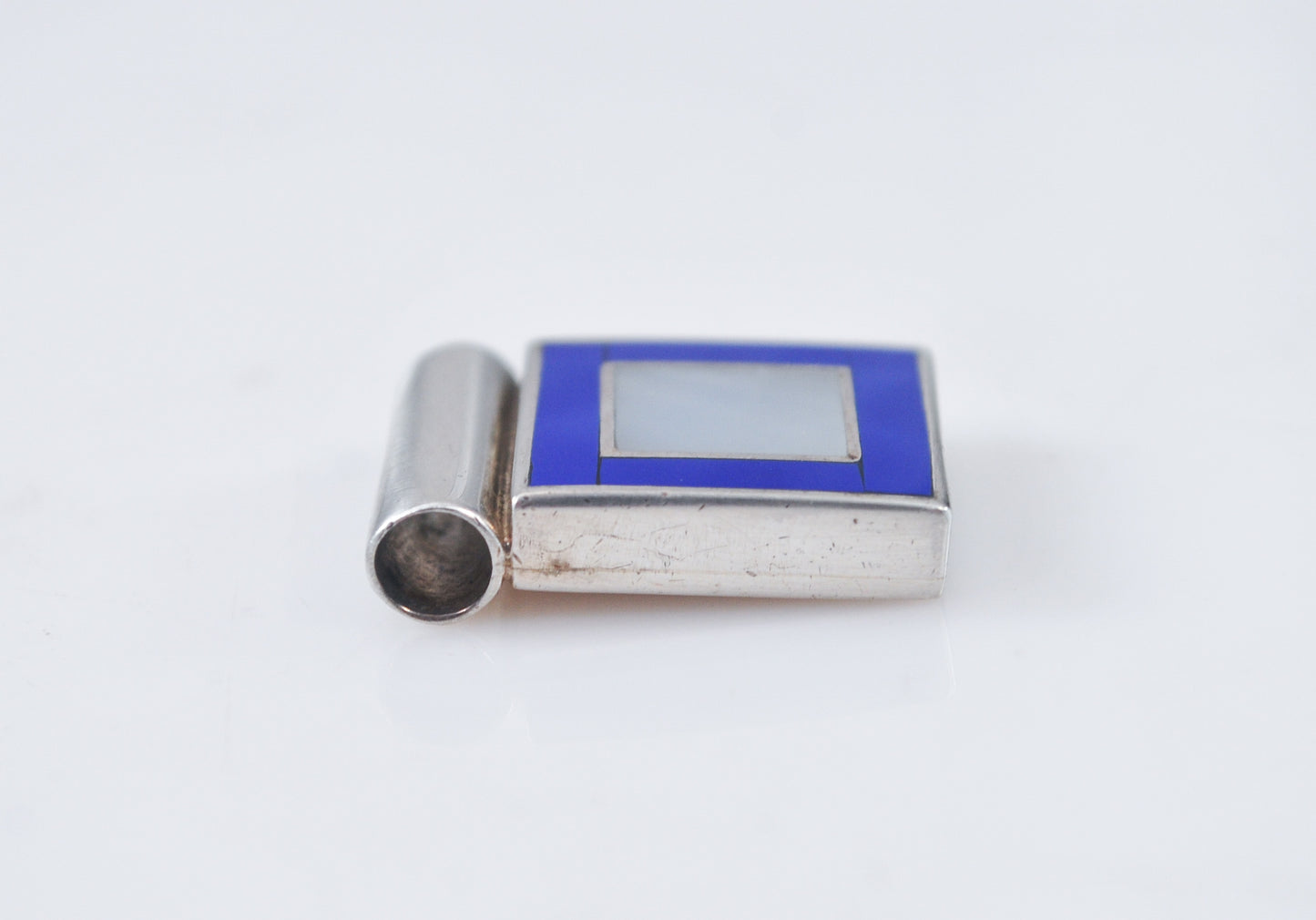 950 Silver Square Mother of Pearl Lapis Inlay Slider Pendant