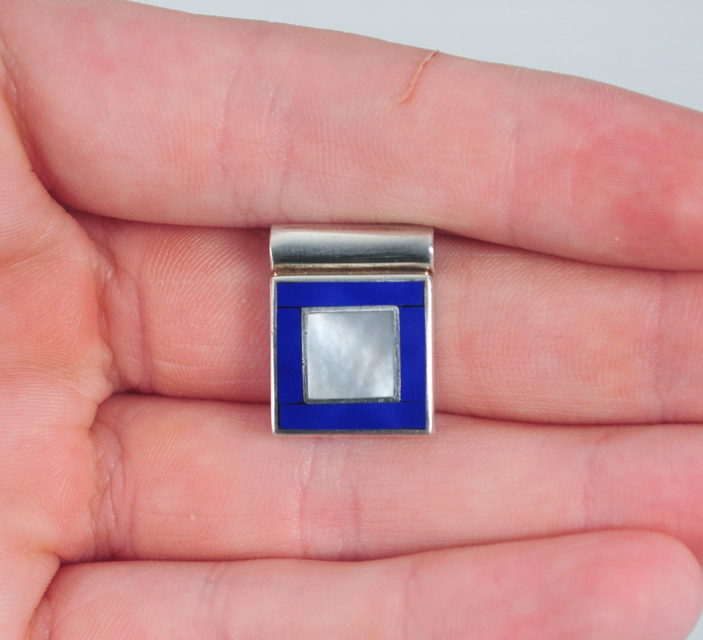 950 Silver Square Mother of Pearl Lapis Inlay Slider Pendant