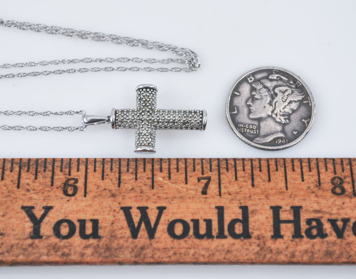 Signed Sterling Silver Diamond Cross Necklace