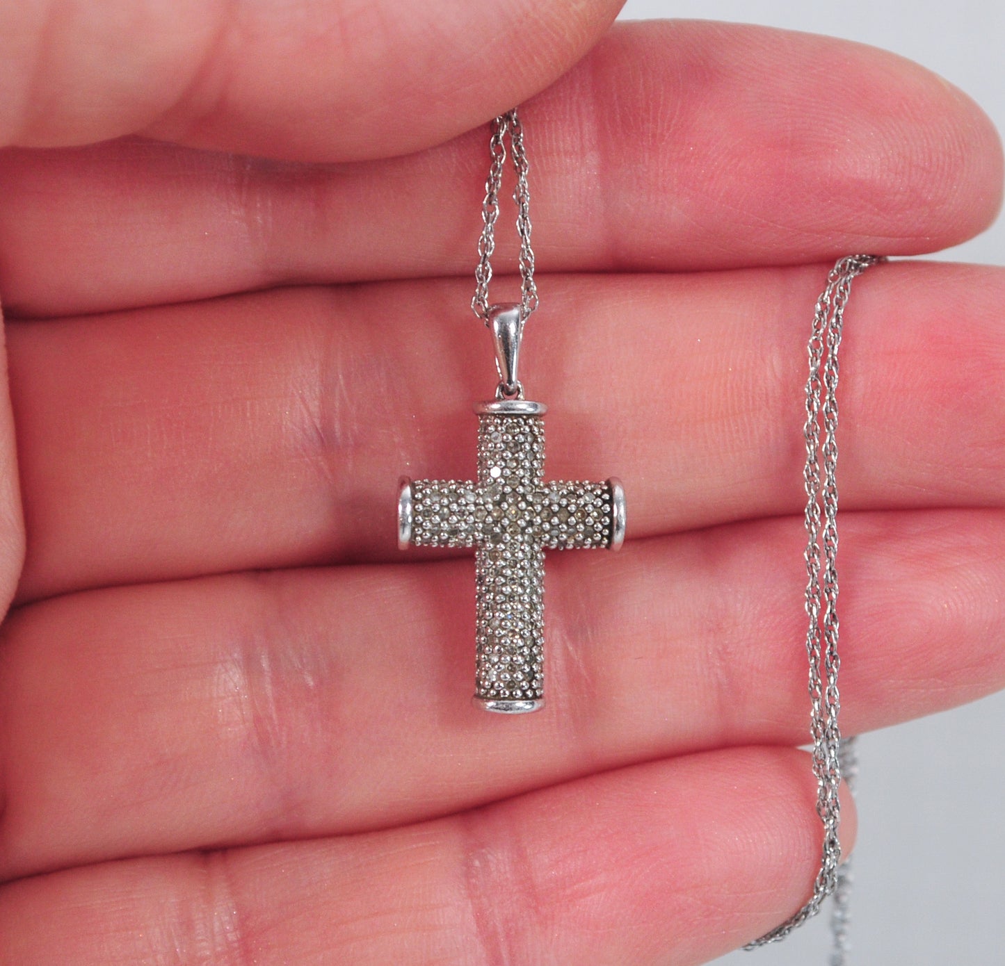 Signed Sterling Silver Diamond Cross Necklace