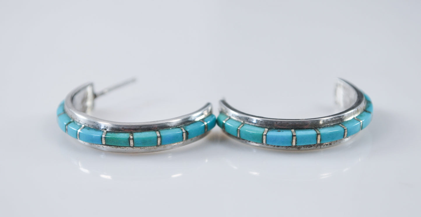 Sterling Silver Signed Zuni Turquoise Hoop Earrings