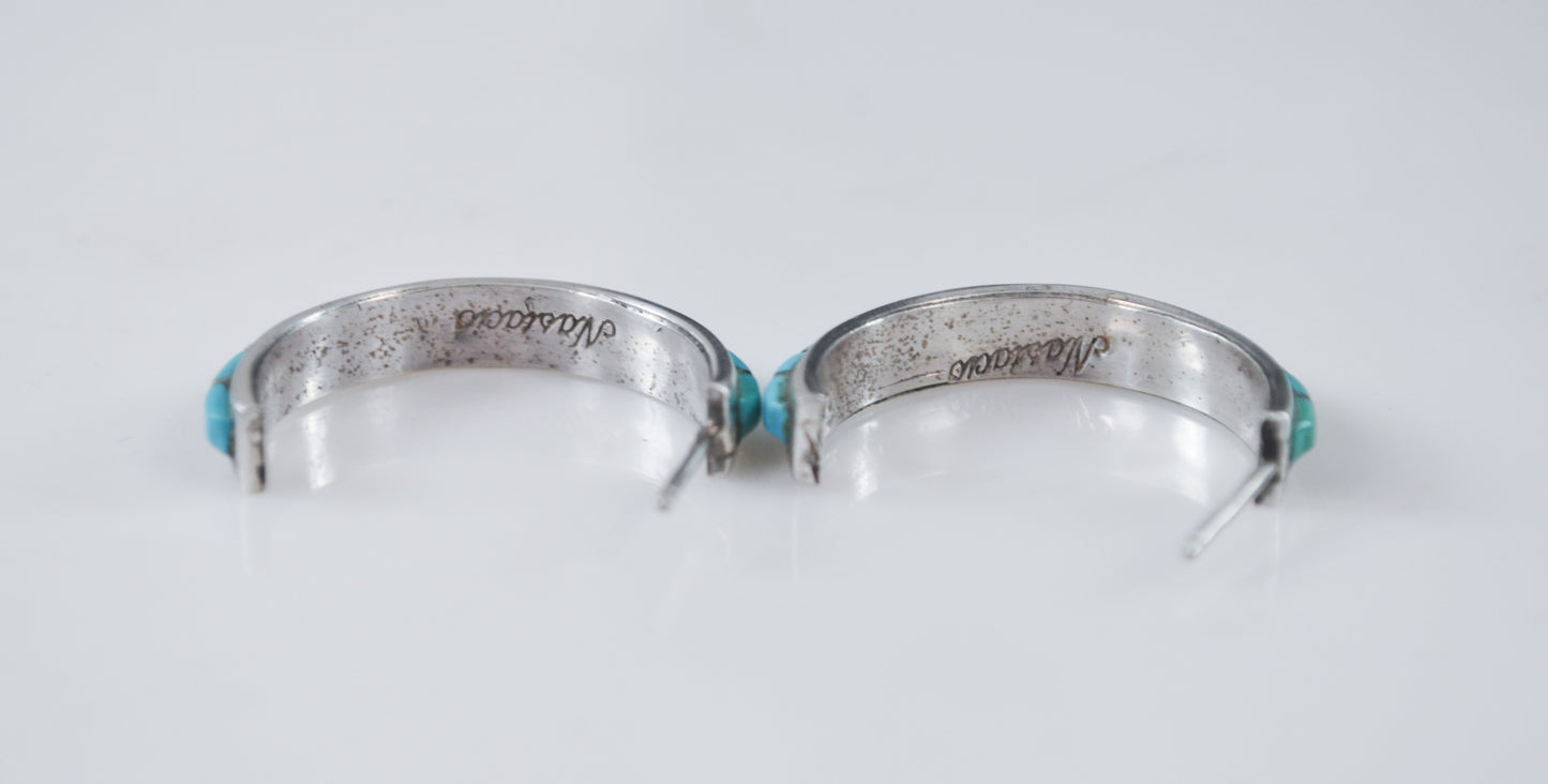 Sterling Silver Signed Zuni Turquoise Hoop Earrings