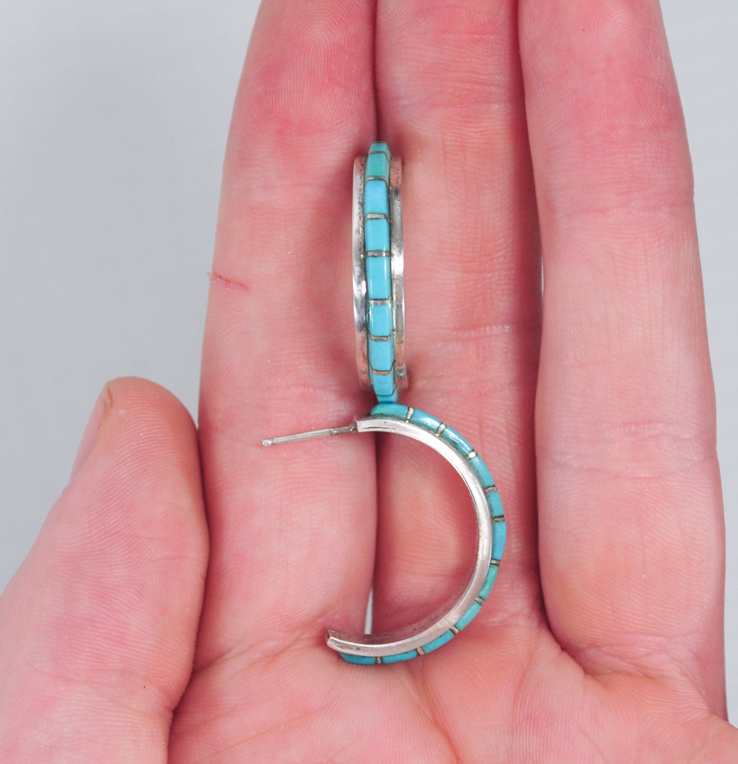 Sterling Silver Signed Zuni Turquoise Hoop Earrings