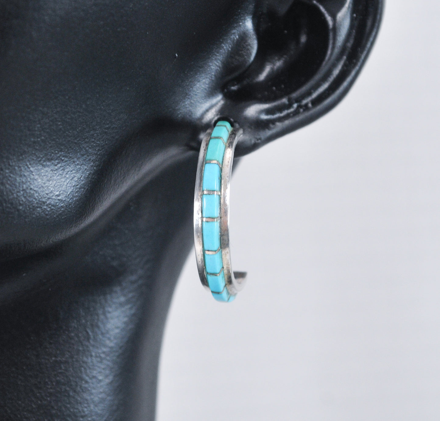 Sterling Silver Signed Zuni Turquoise Hoop Earrings