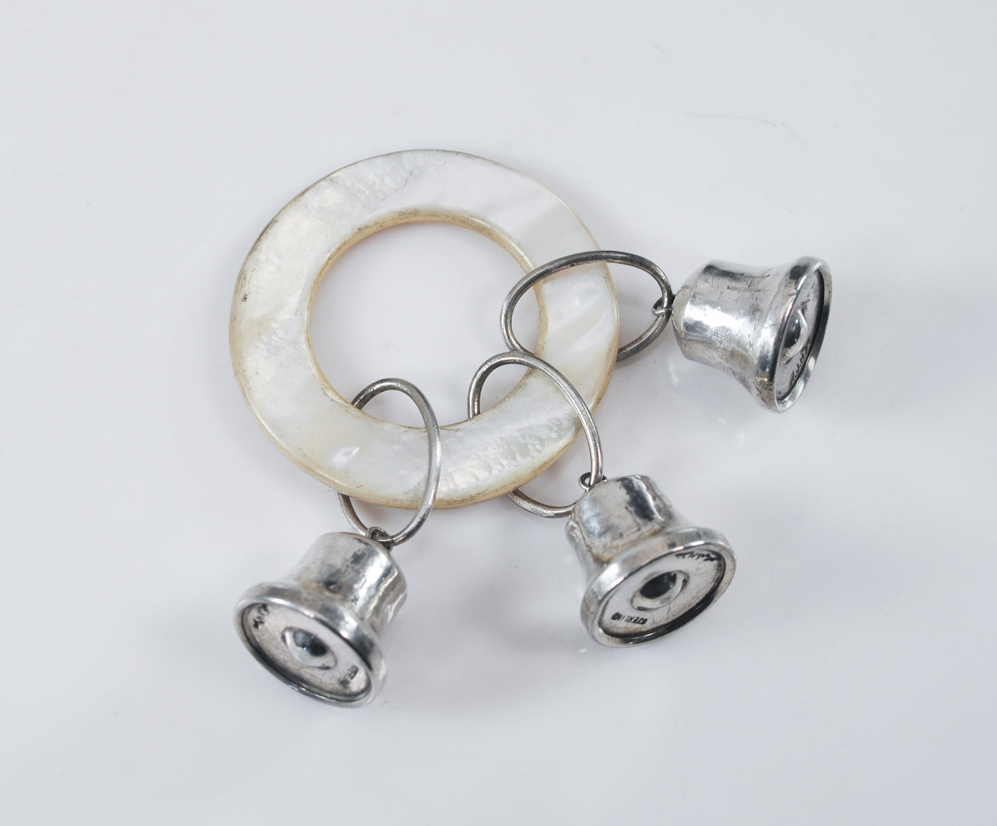 Vintage Signed Sterling Silver Mother of Pearl Baby Teether Rattle