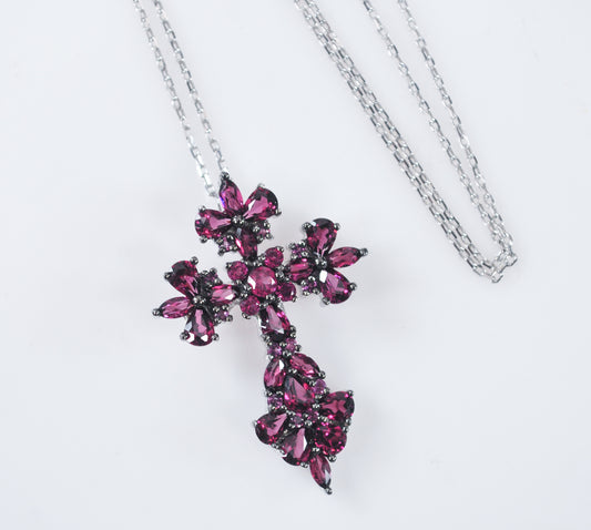 Signed Sterling Silver Rhodolite Cross Necklace