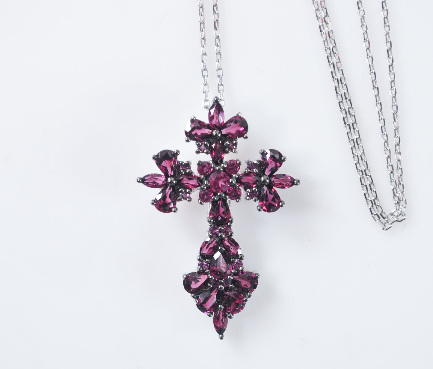 Signed Sterling Silver Rhodolite Cross Necklace