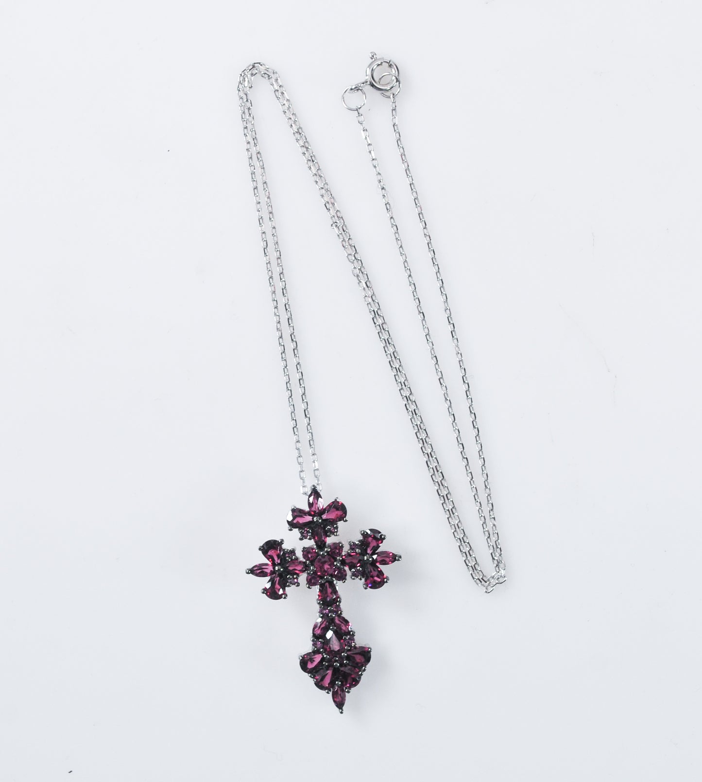 Signed Sterling Silver Rhodolite Cross Necklace