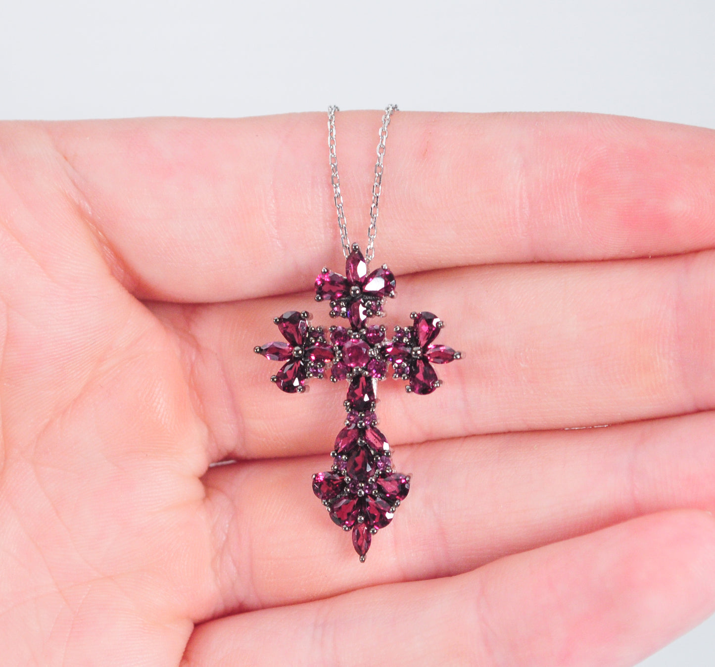 Signed Sterling Silver Rhodolite Cross Necklace