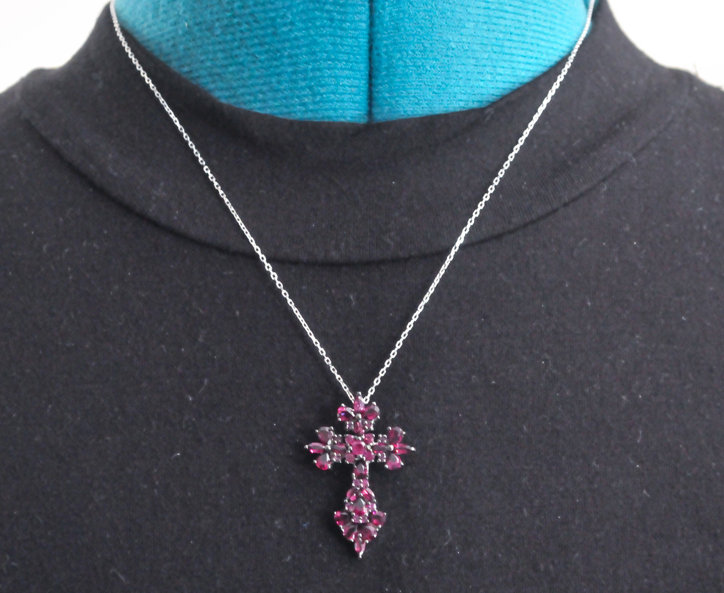 Signed Sterling Silver Rhodolite Cross Necklace