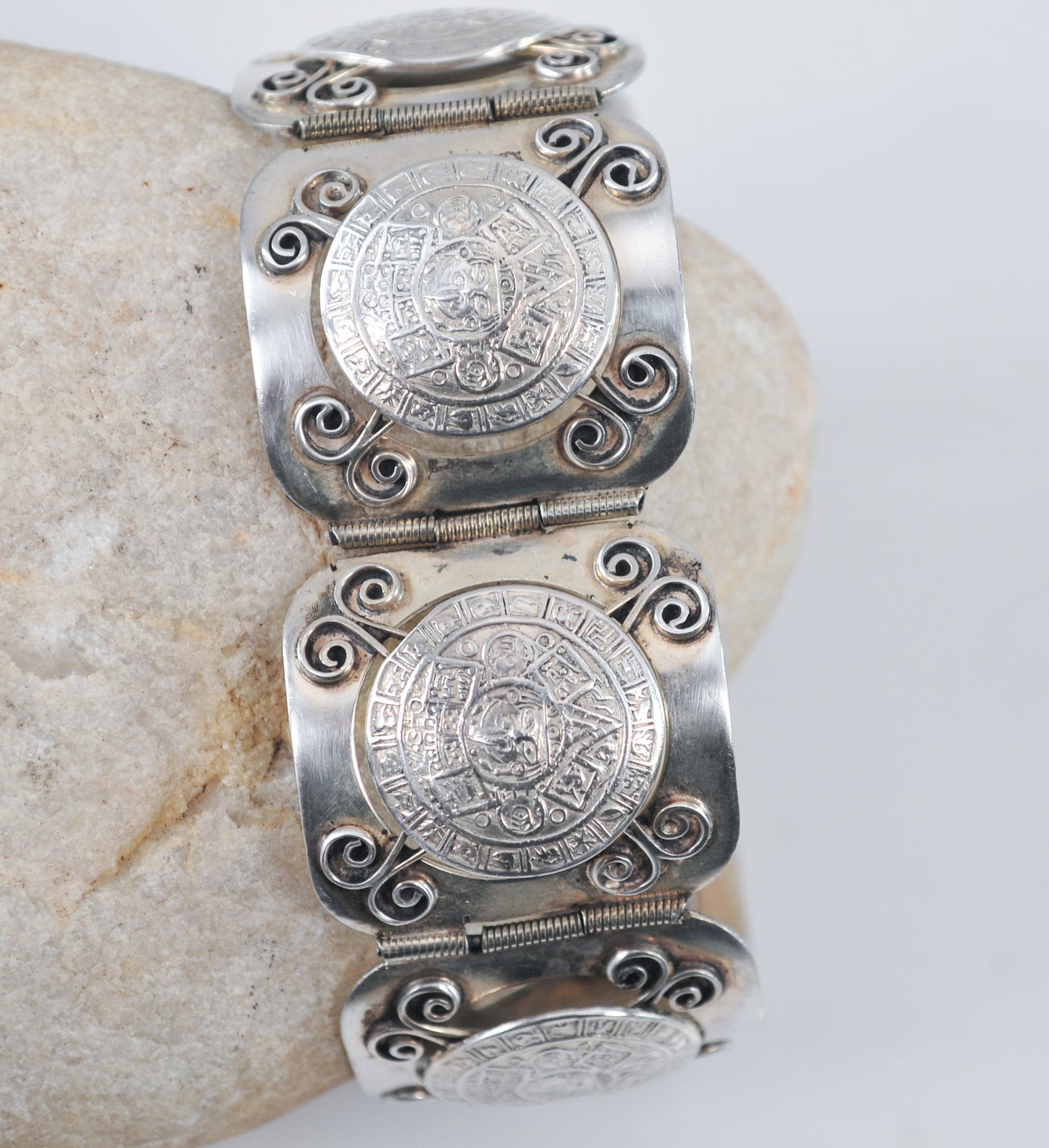 Chunky Signed Sterling Silver Mayan Calendar Panel Bracelet