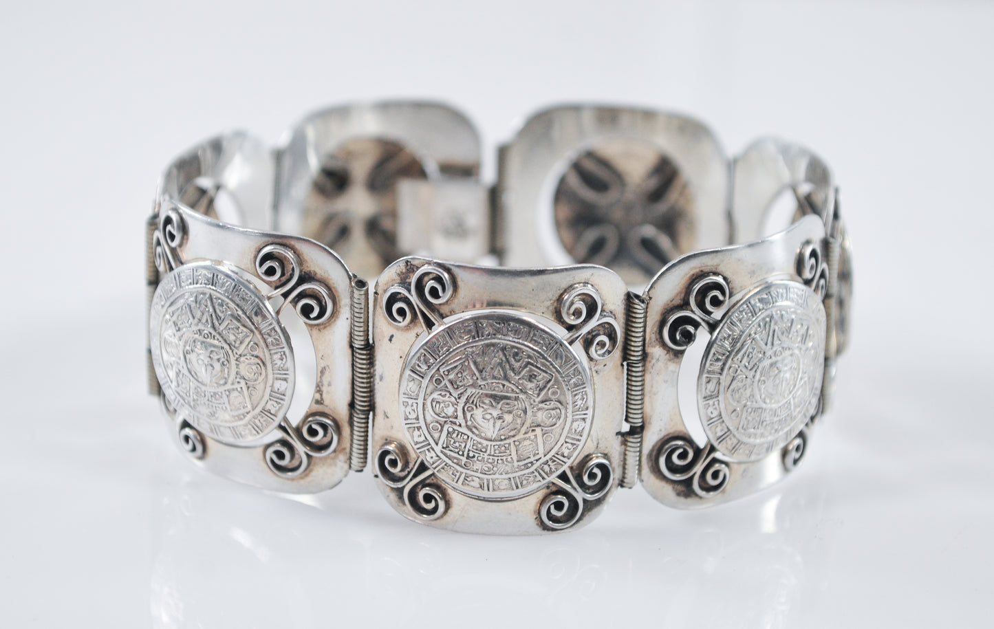 Chunky Signed Sterling Silver Mayan Calendar Panel Bracelet