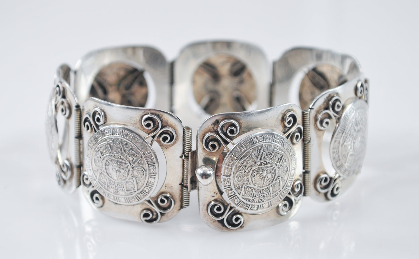 Chunky Signed Sterling Silver Mayan Calendar Panel Bracelet