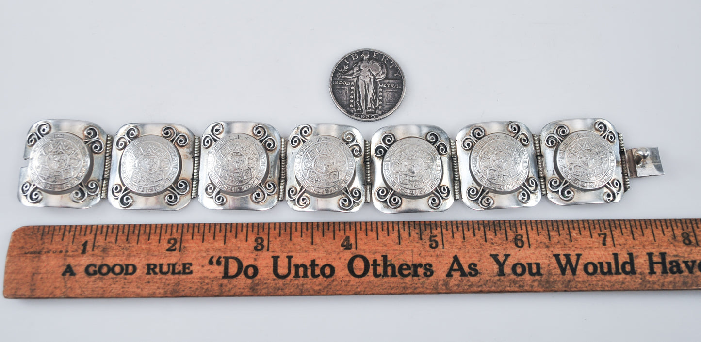 Chunky Signed Sterling Silver Mayan Calendar Panel Bracelet