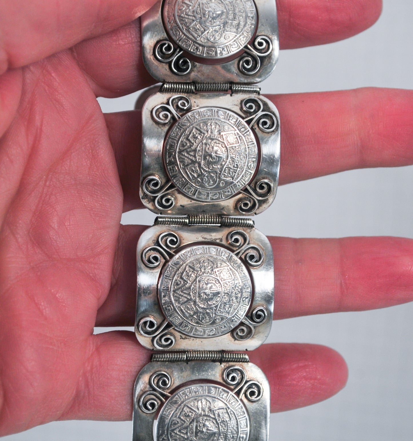 Chunky Signed Sterling Silver Mayan Calendar Panel Bracelet