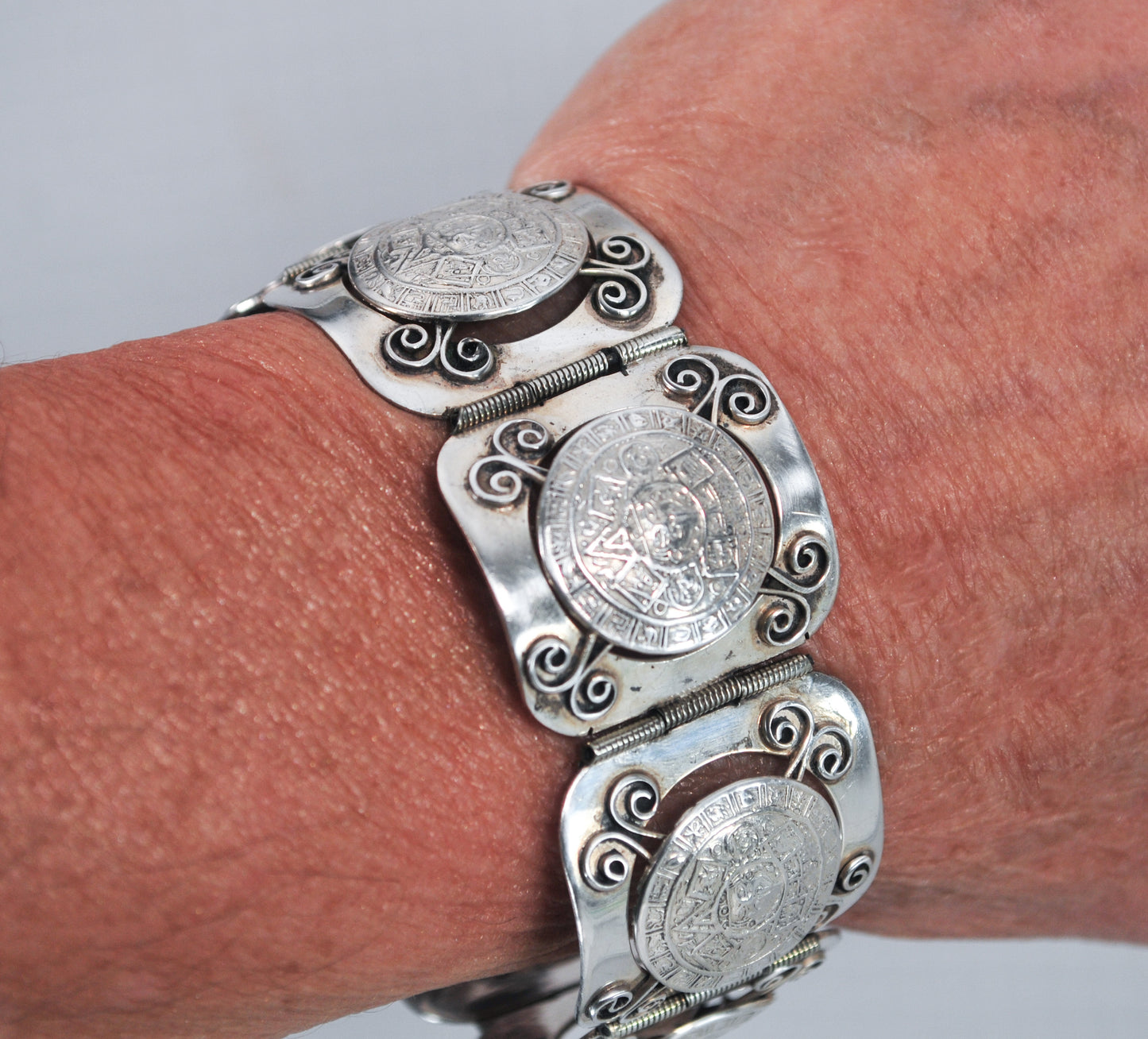 Chunky Signed Sterling Silver Mayan Calendar Panel Bracelet