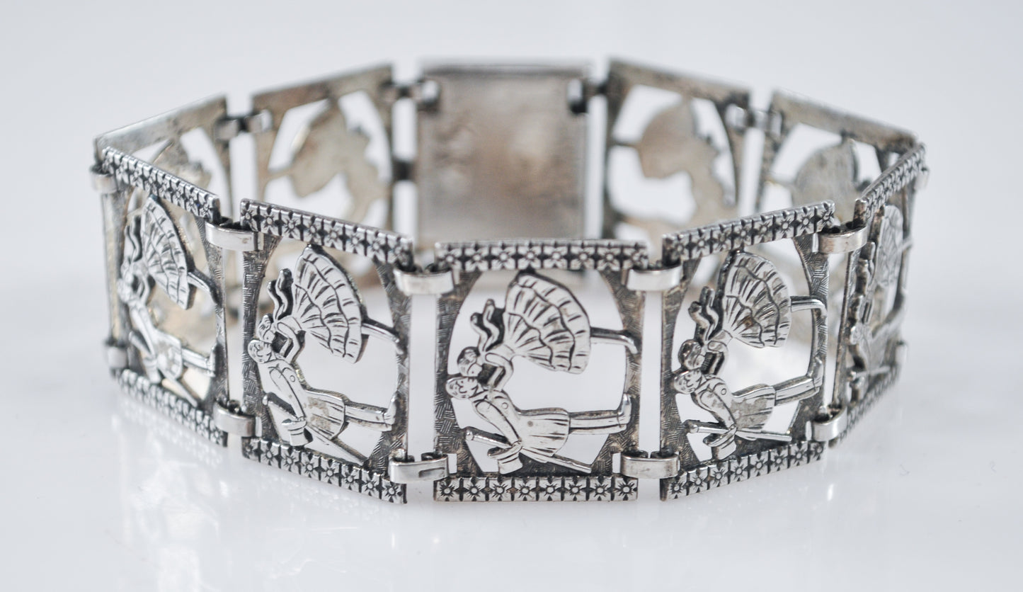 Vintage Sterling Silver Kissing Couple Panel Bracelet