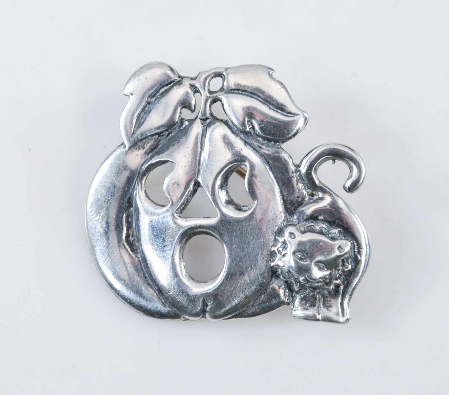 Meink 925 Sterling Silver Halloween Pumpkin Cat Brooch