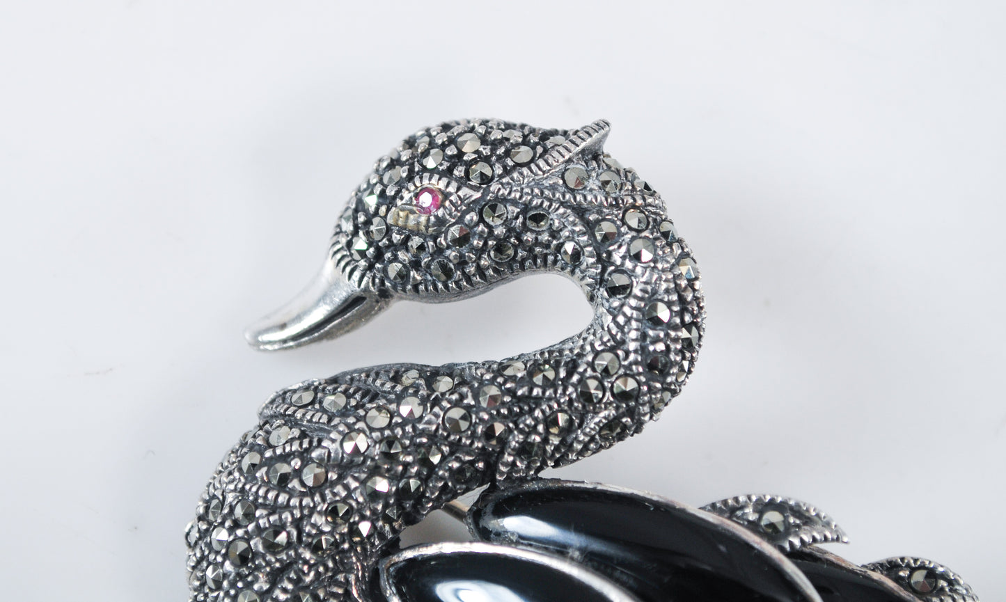 Large and Heavy Sterling Silver Swan Brooch