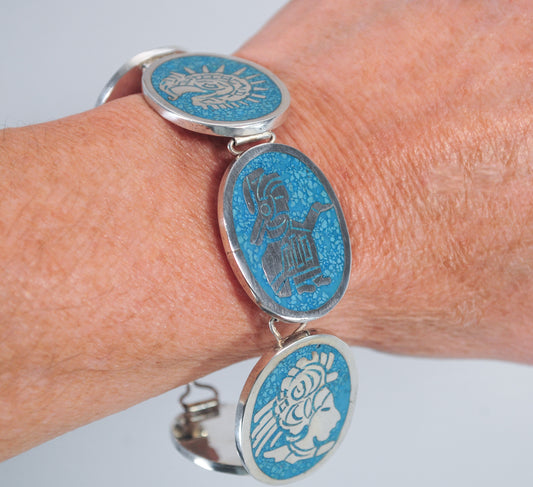 Chunky Taxco Sterling Silver Turquoise Panel Bracelet