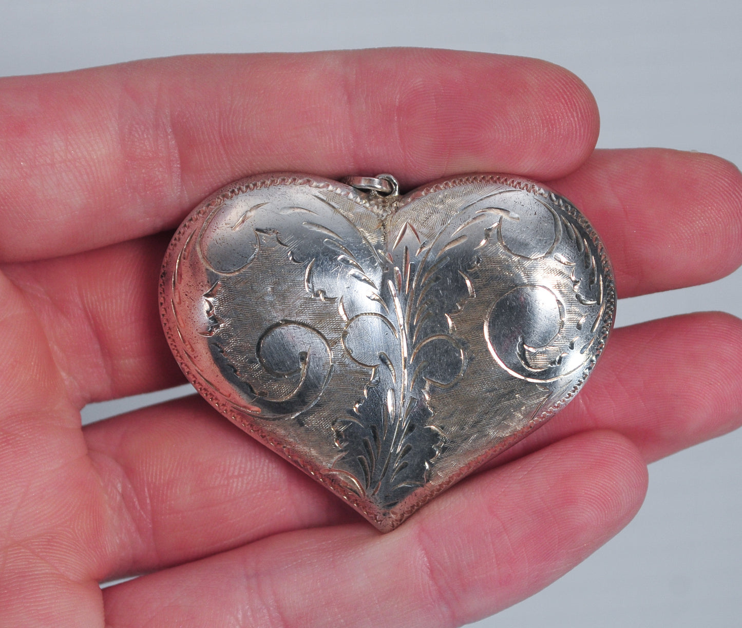 Large Sterling Silver Etched Puffed Heart Pendant