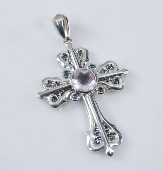 Designer Sterling Silver Rose Quartz Cross Pendant